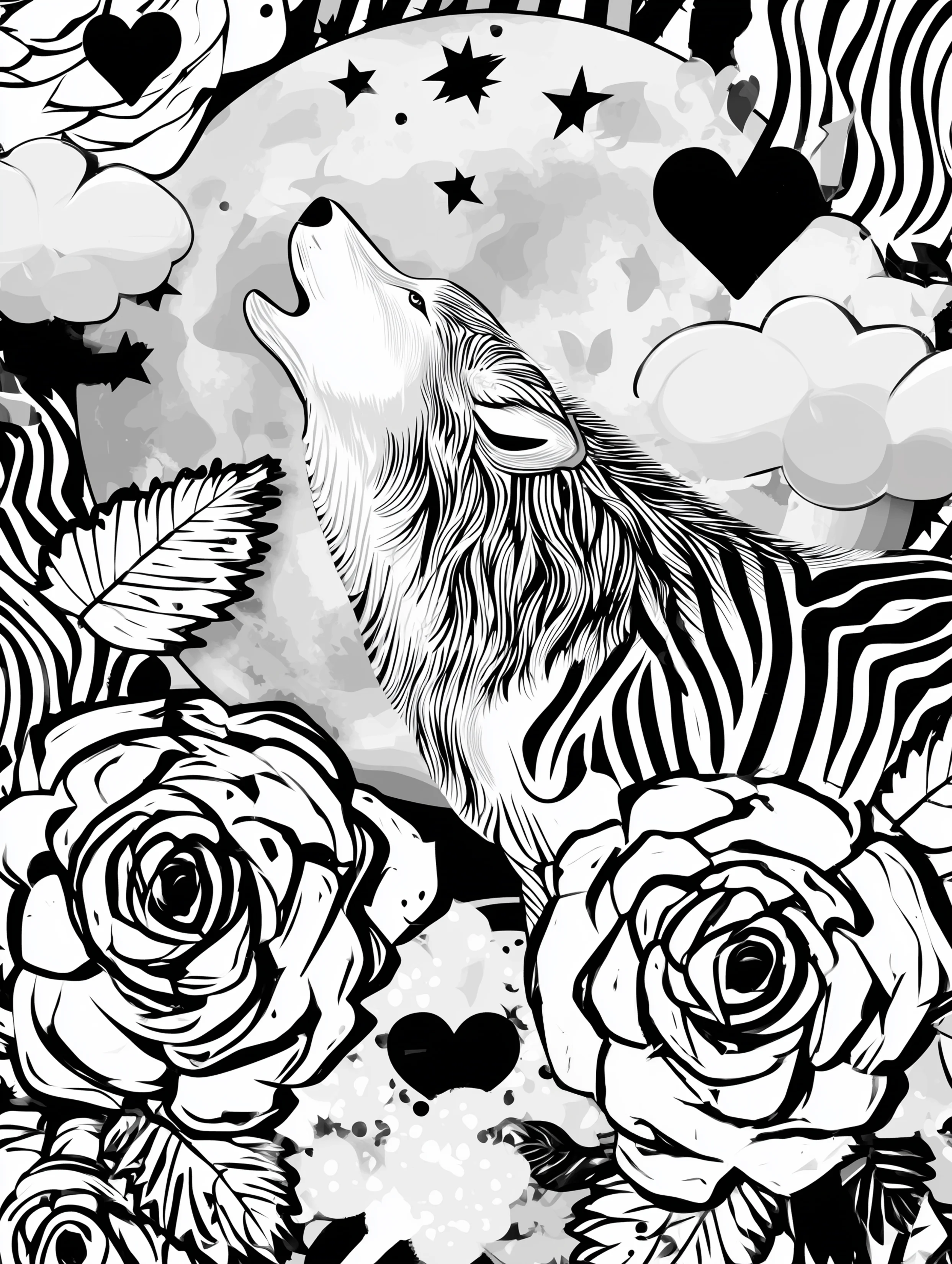 Free printable wolf coloring page for adults featuring a wolf beneath the moon